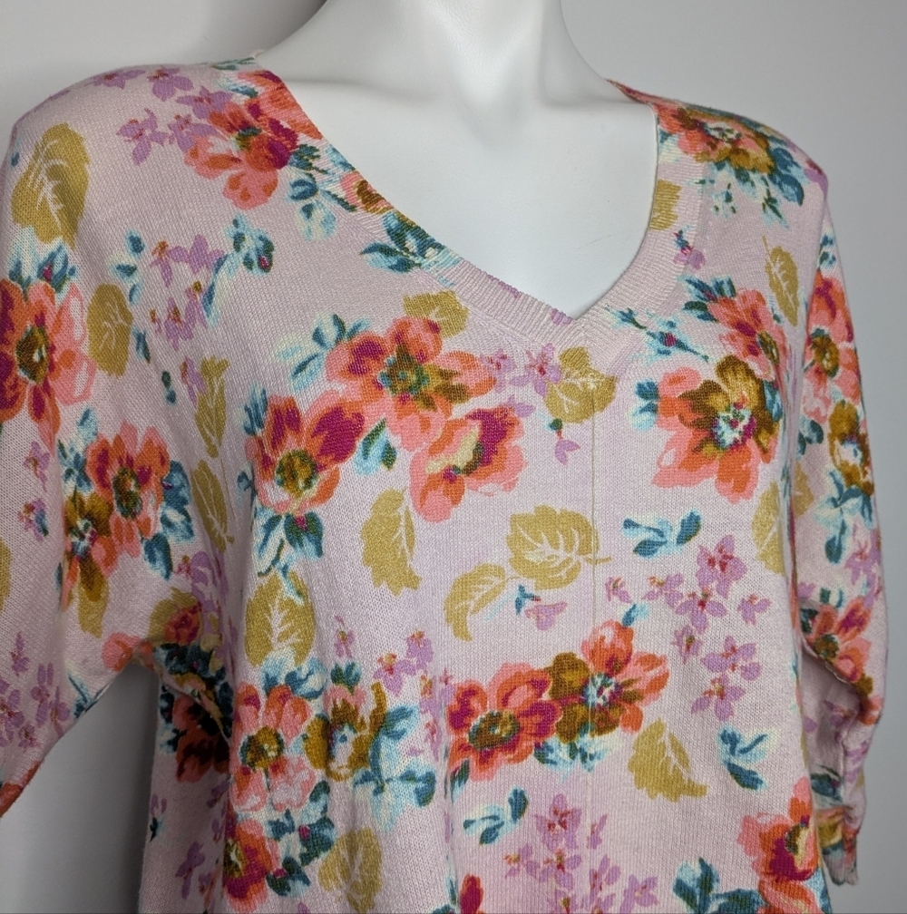 Sundance Pink Yellow Floral Lightweight Cotton V Neck Sweater M - Picture 4 of 9